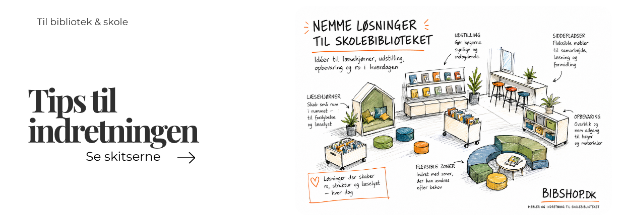 Indretningsskitser til skolebibliotek med l�sehj�rne, bogudstilling og fleksible zoner