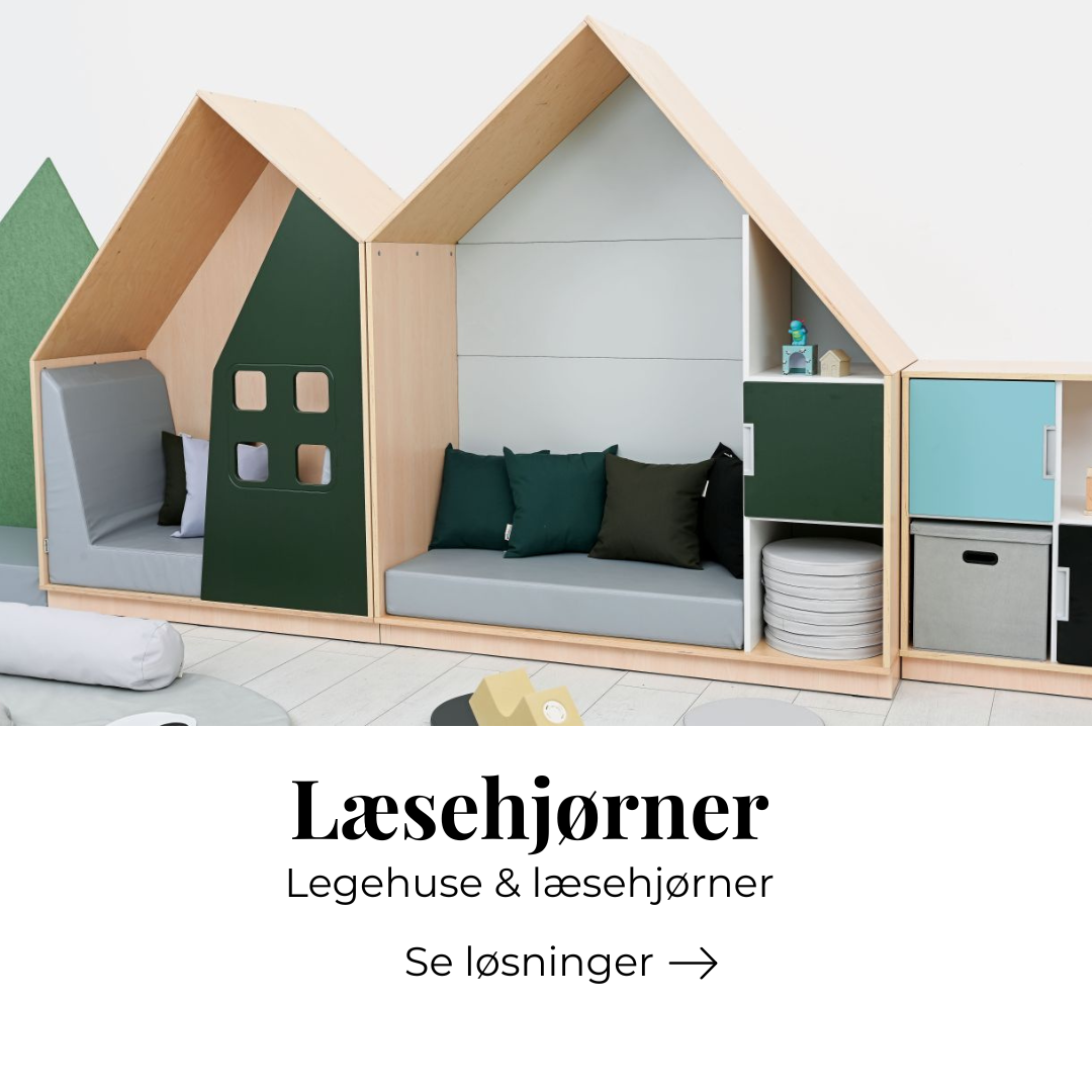 Læsehjørne med legehus til bibliotek og skole