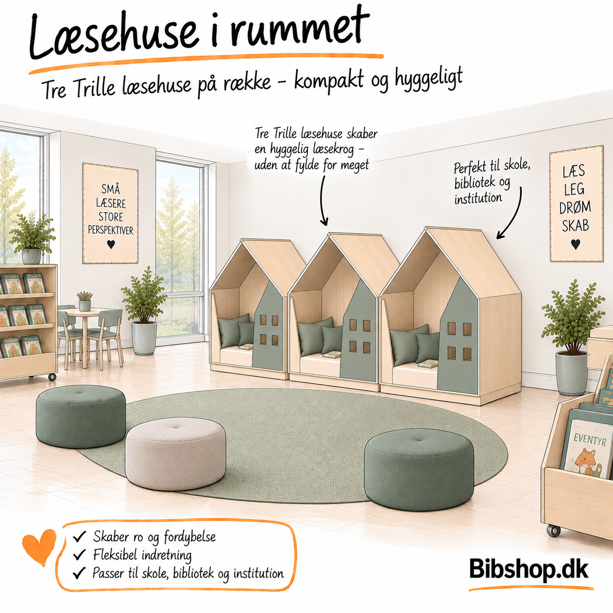 Tre Trille l�sehuse p� r�kke i skolebibliotek