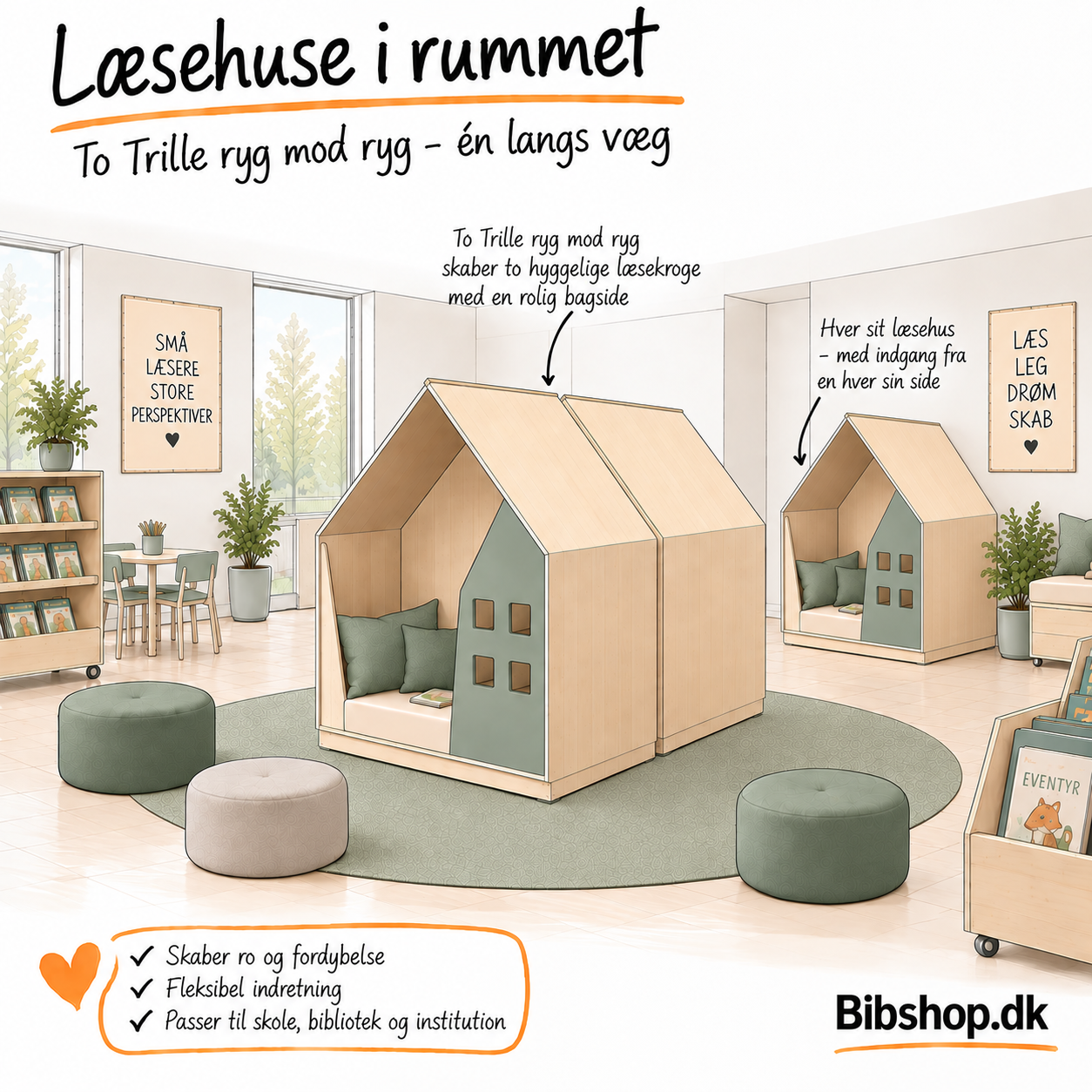 Trille l�sehuse placeret ryg mod ryg som rumdeler
