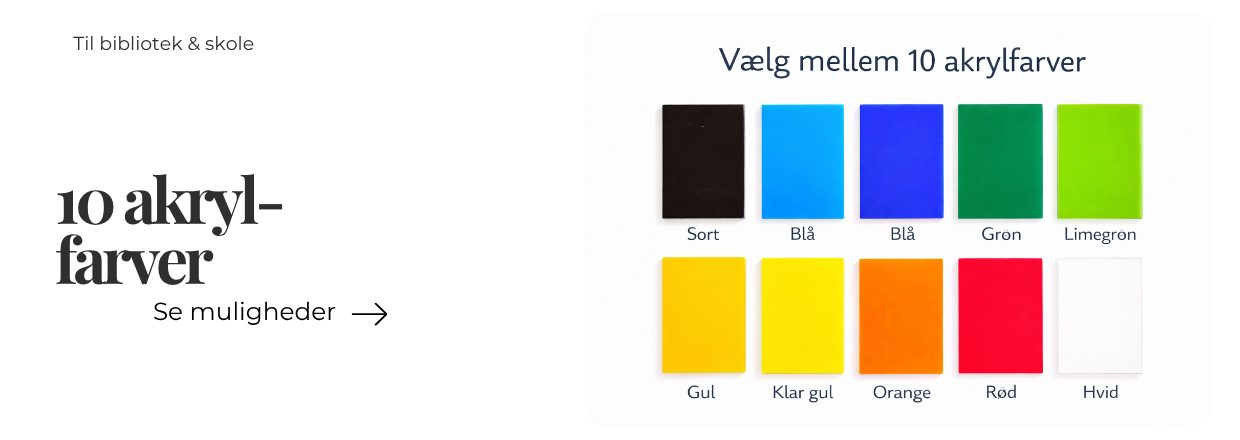 Farvede akryldisplays i 10 farver til bibliotek, skole og institution &ndash; skr&aring;hylder og bogdisplays fra Bibshop