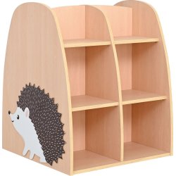 Dobbeltsidet bogreol med pindsvin-motiv p siderne 