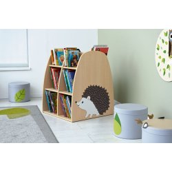 Dobbeltsidet bogreol med pindsvin-motiv p siderne 