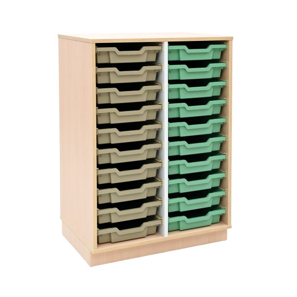 Quadro opbevaringsreol med 20 plastkasser i beige og pastelgrn