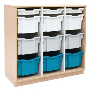 Quadro opbevaringsreol med hvide, gr� og turkise plastkasser 