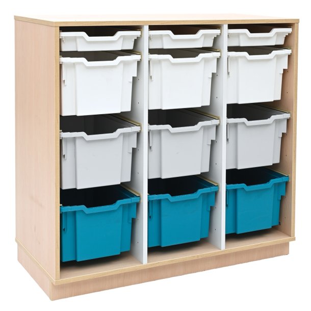 Quadro opbevaringsreol med hvide, gr� og turkise plastkasser 