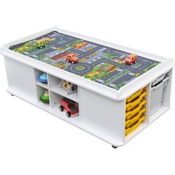 Legebord med opbevaring til skole, bibliotek og institution &ndash; rektangul�rt bord p� hjul i hvid