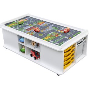 Legebord med opbevaring til skole, bibliotek og institution &ndash; rektangul�rt bord p� hjul i hvid